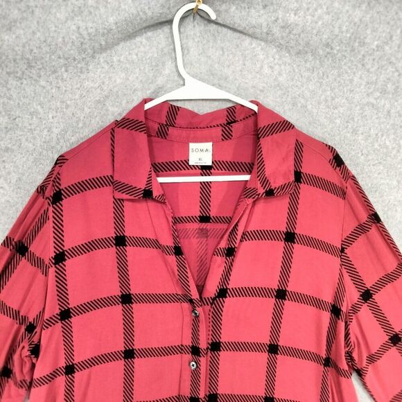 Soma Button Down Pajama Top Womens Sz XL Red Black Cool Nights Notch Long Sleeve - Picture 2 of 12